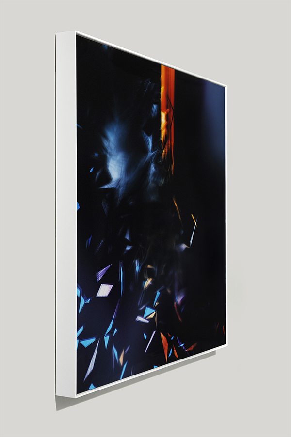 Framed art side view of abstract color photogram titled: Elasticity Demand from the Cascades Series