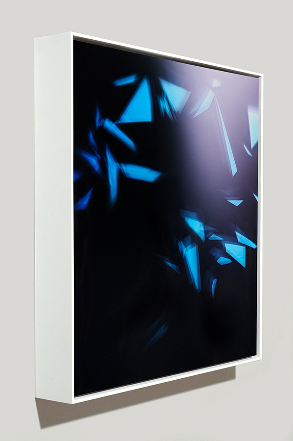 Framed art side view of abstract color photogram titled: Embers Anew from the Cascades Series
