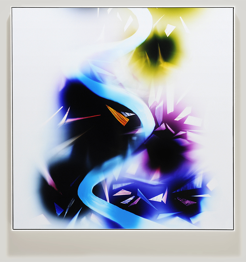 Framed color photogram titled, Inflection-Point using analog photography