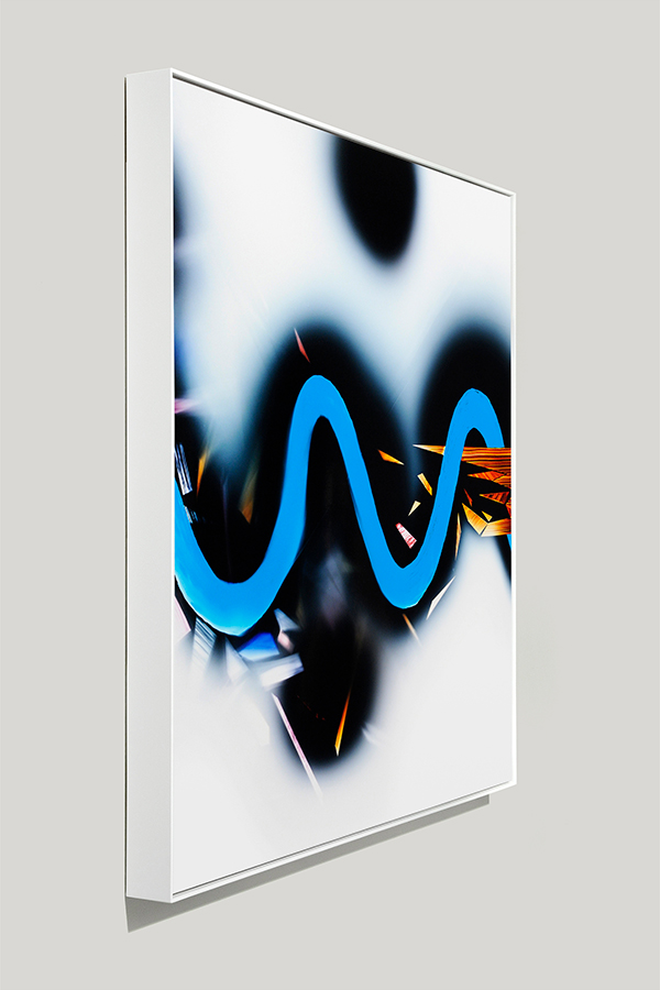 Framed art side view of abstract color photogram titled: Interfering Cadence from the Cascades Series