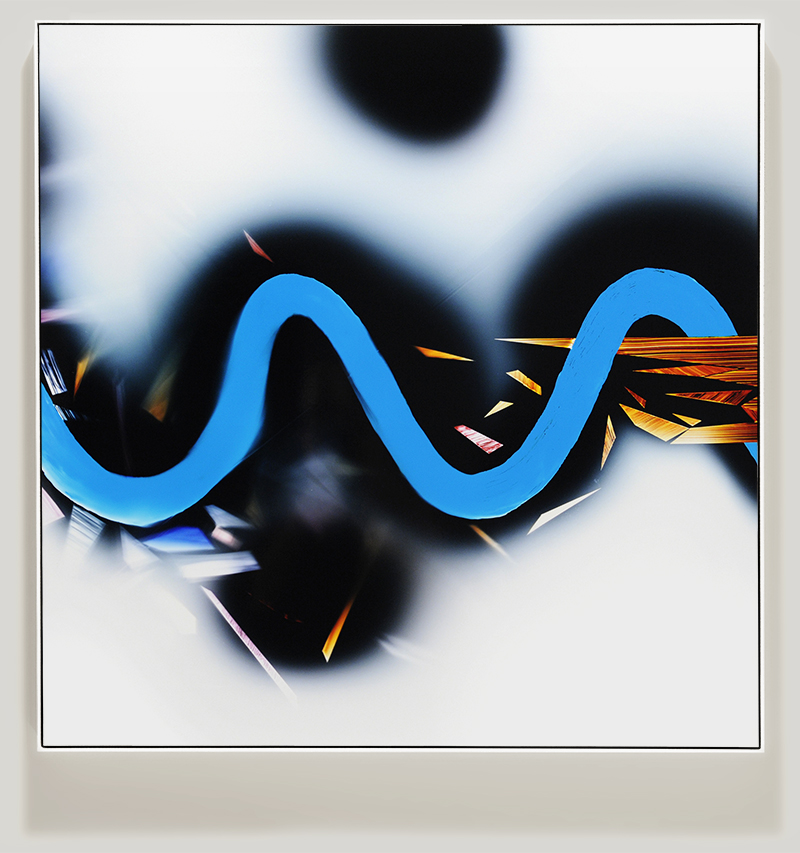 Framed color photogram titled, Interfering-Cadence using analog photography