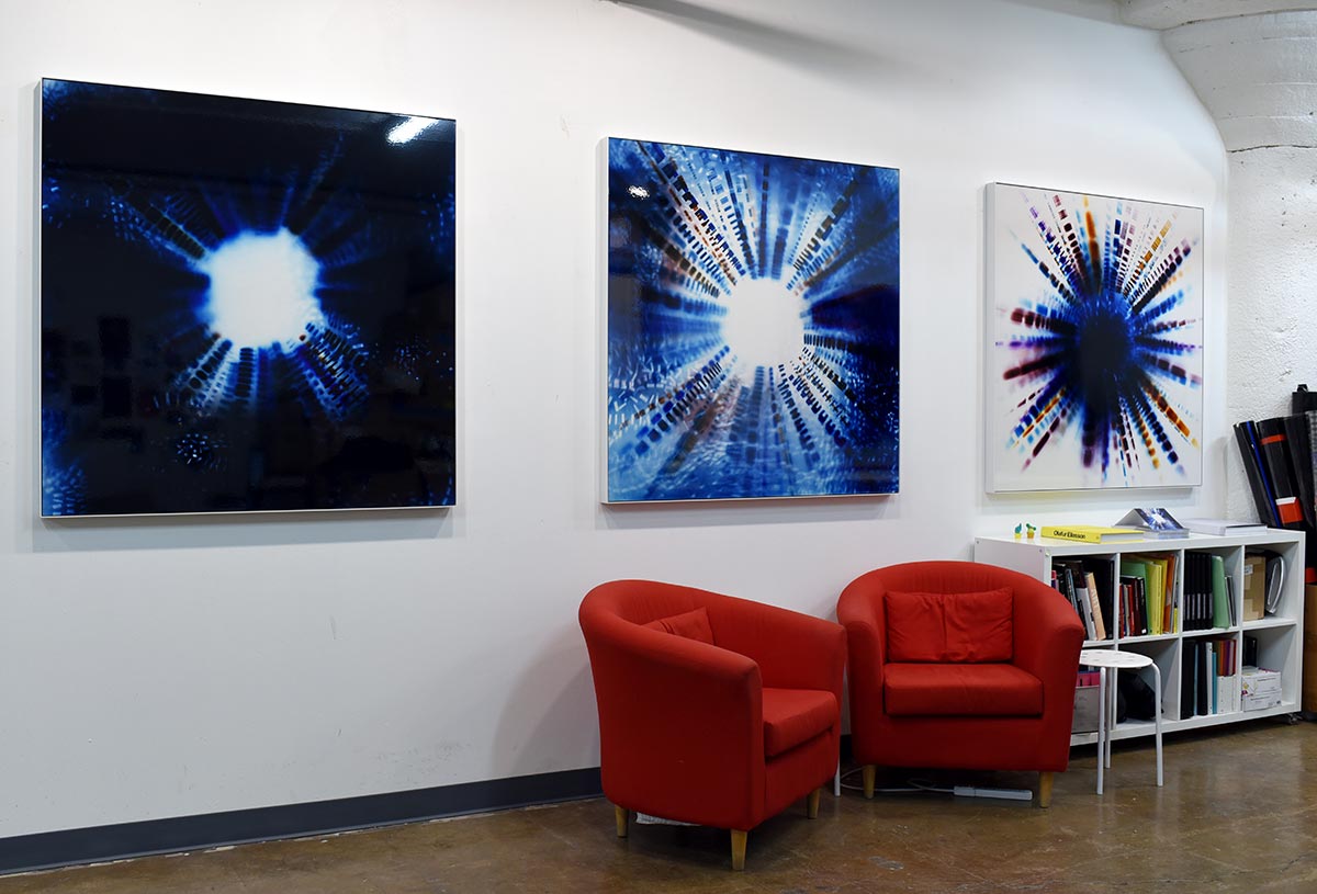 The art studio of Richard Slechta with works from the Incompressible Flow series.